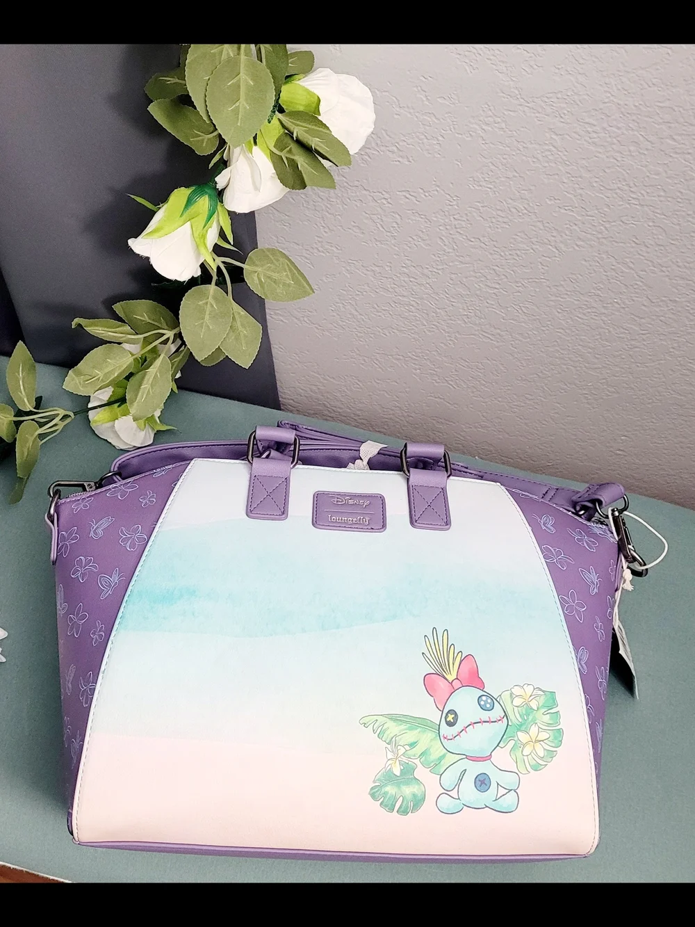 Disney Purple Stitch Floral Print Tote Bag with Pastel Front Art